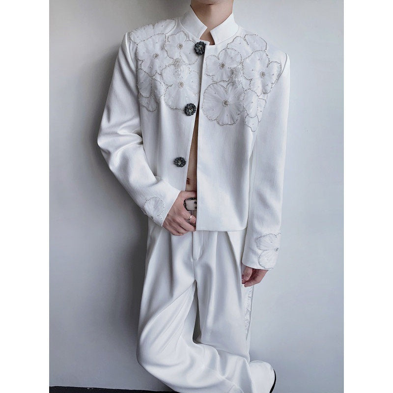 Stand-Collar Blazer with Mesh Floral Embroidery