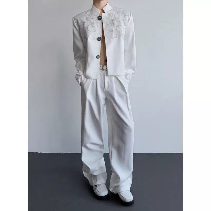 Stand-Collar Blazer with Mesh Floral Embroidery