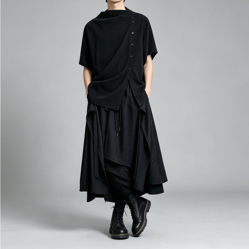 Japanese Loose Shirt and Asymmetrical Skirt-Pants Two-piece Set