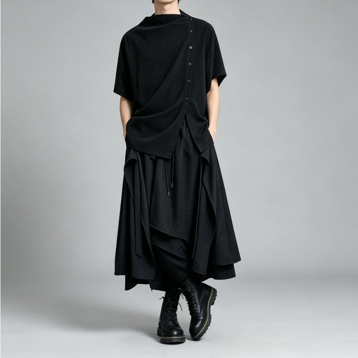 Japanese Loose Shirt and Asymmetrical Skirt-Pants Two-piece Set