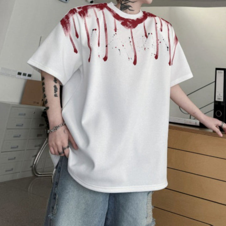 Round Neck Hand-painted Geometric Pattern Loose T-shirt