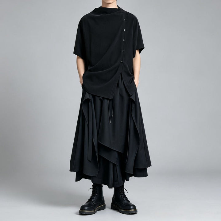 Japanese Loose Shirt and Asymmetrical Skirt-Pants Two-piece Set