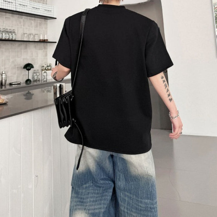 Color-blocked Hand-painted Padded Shoulder Loose T-shirt