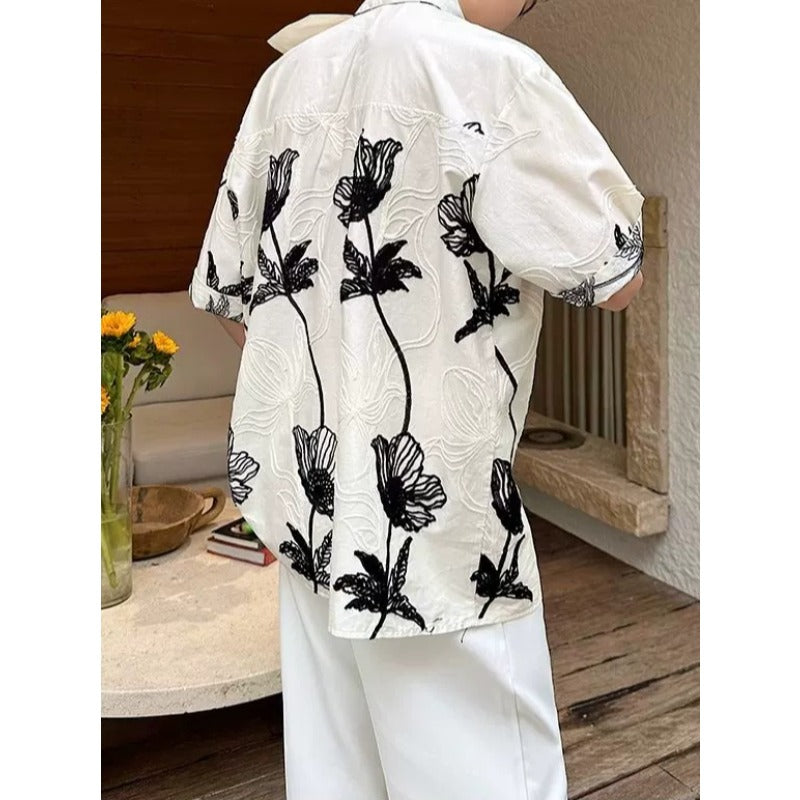 3D Embroidered Bow Tie Short-Sleeve Shirt