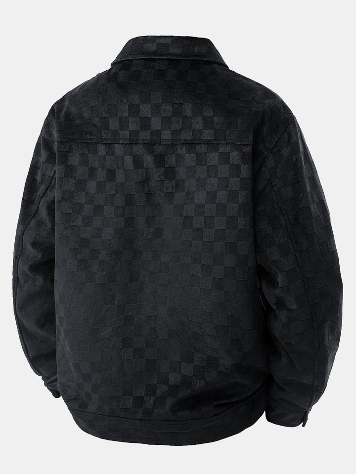 Checkerboard Print Faux Suede Pocket Jacket