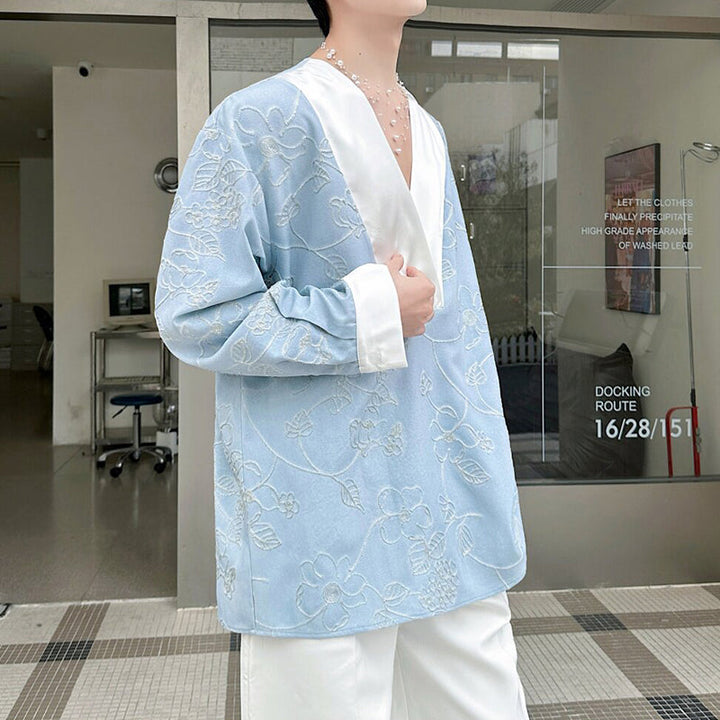 V-neck 3D Woven Floral Patchwork Shirt