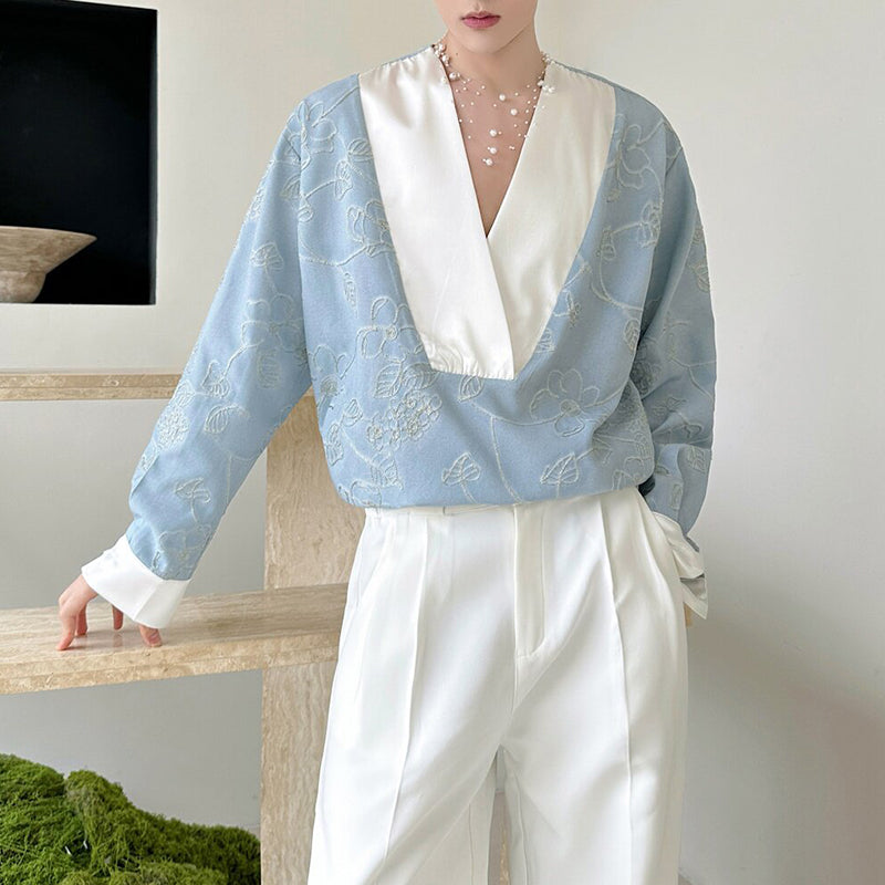 V-neck 3D Woven Floral Patchwork Shirt