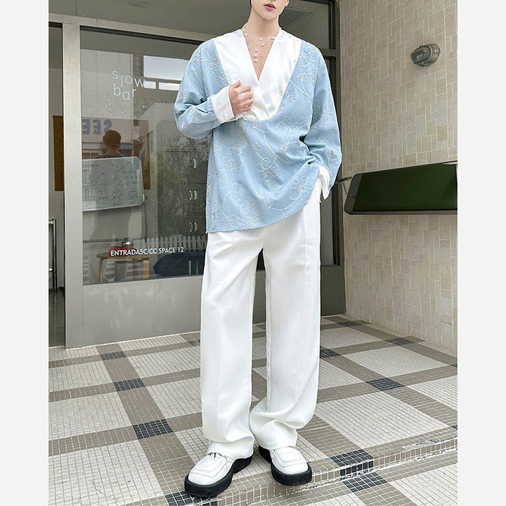 V-neck 3D Woven Floral Patchwork Shirt