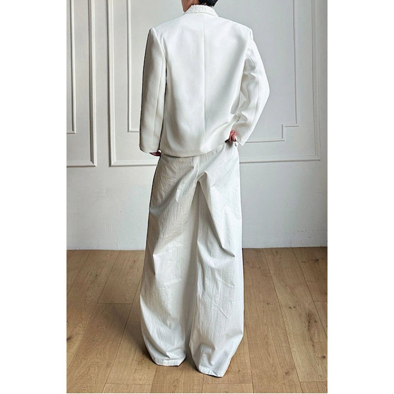 Lace-Paneled Double-Breasted Blazer with Shoulder Pads