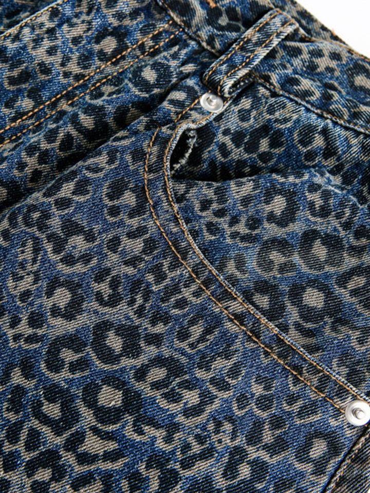 Leopard Print Washed Distressed Denim Baggy Pants