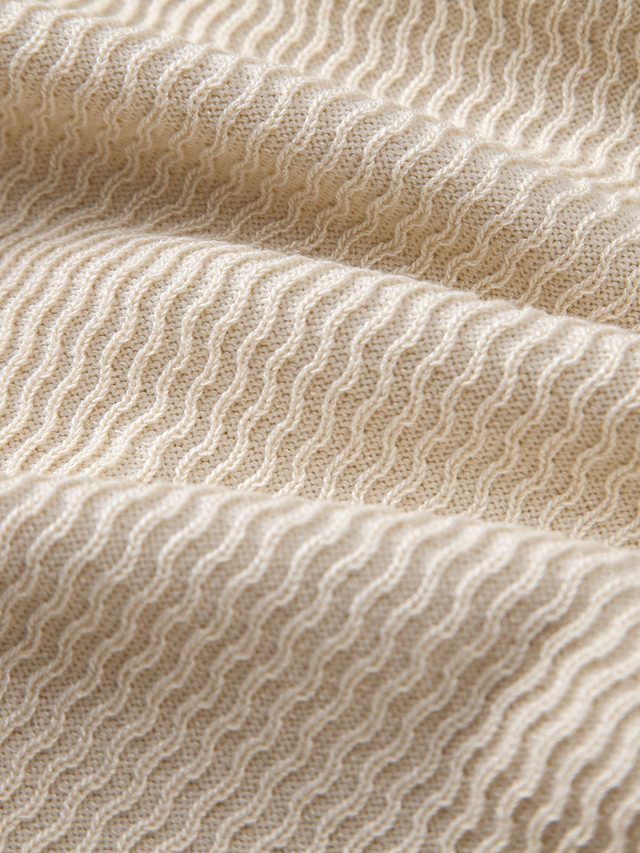 Wave Jacquard Knit V Neck Polo Shirt &amp; Straight Leg Ribbed Pants