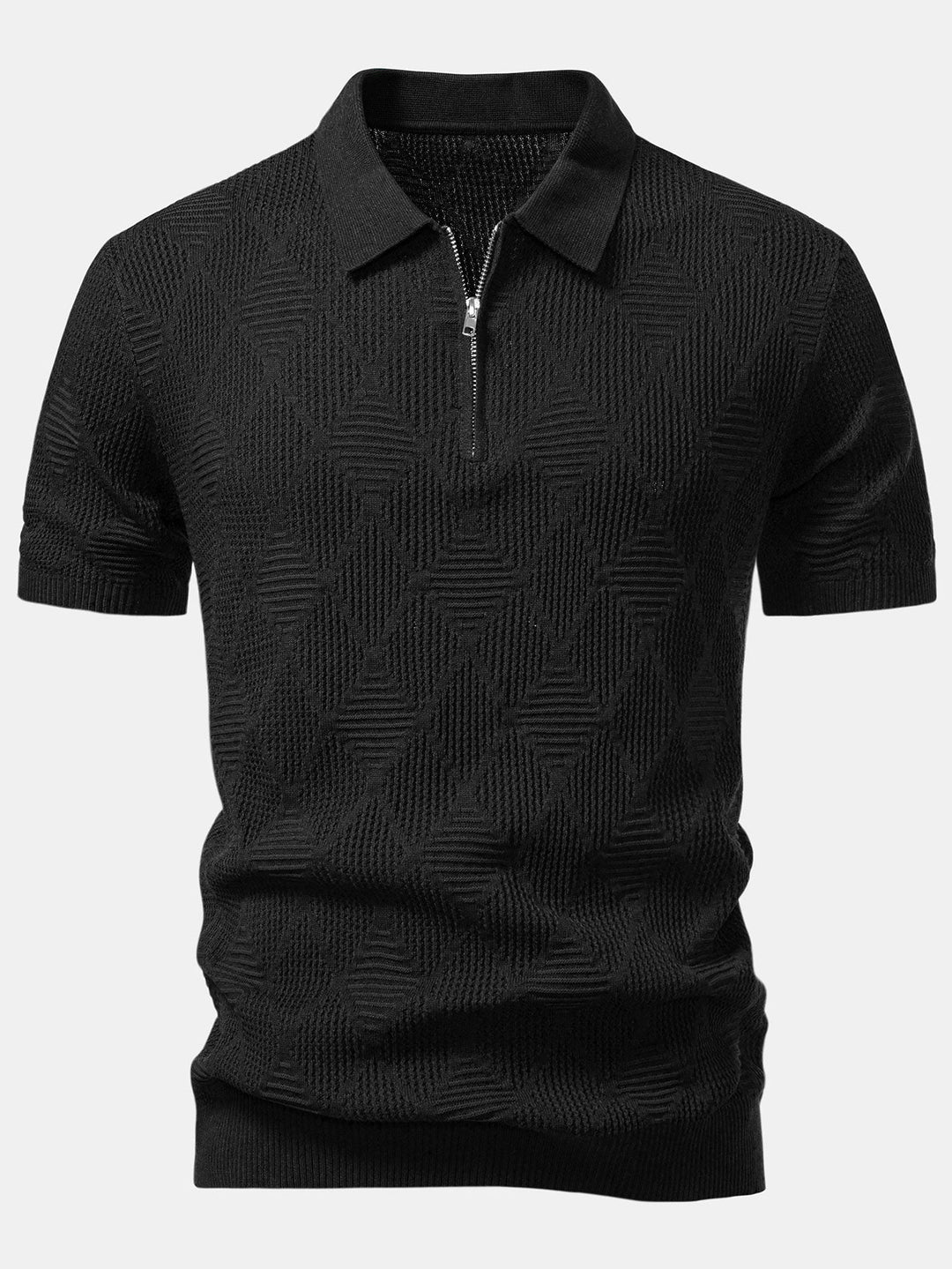 Rhombus Textured Zip Up Knitted Polo Shirt &amp; Slim Fit Tapered Trousers