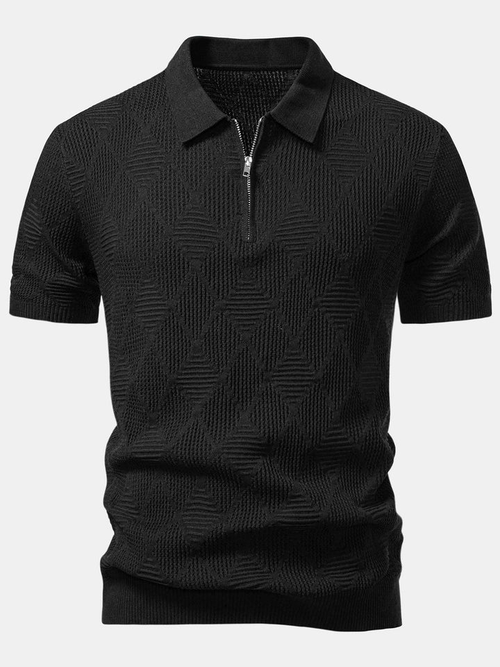 Rhombus Textured Zip Up Knitted Polo Shirt &amp; Slim Fit Tapered Trousers