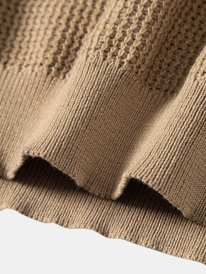 Textured Johnny Collar Crocheted Knit Polo &amp; Crinkle Textured Straight Leg Pants