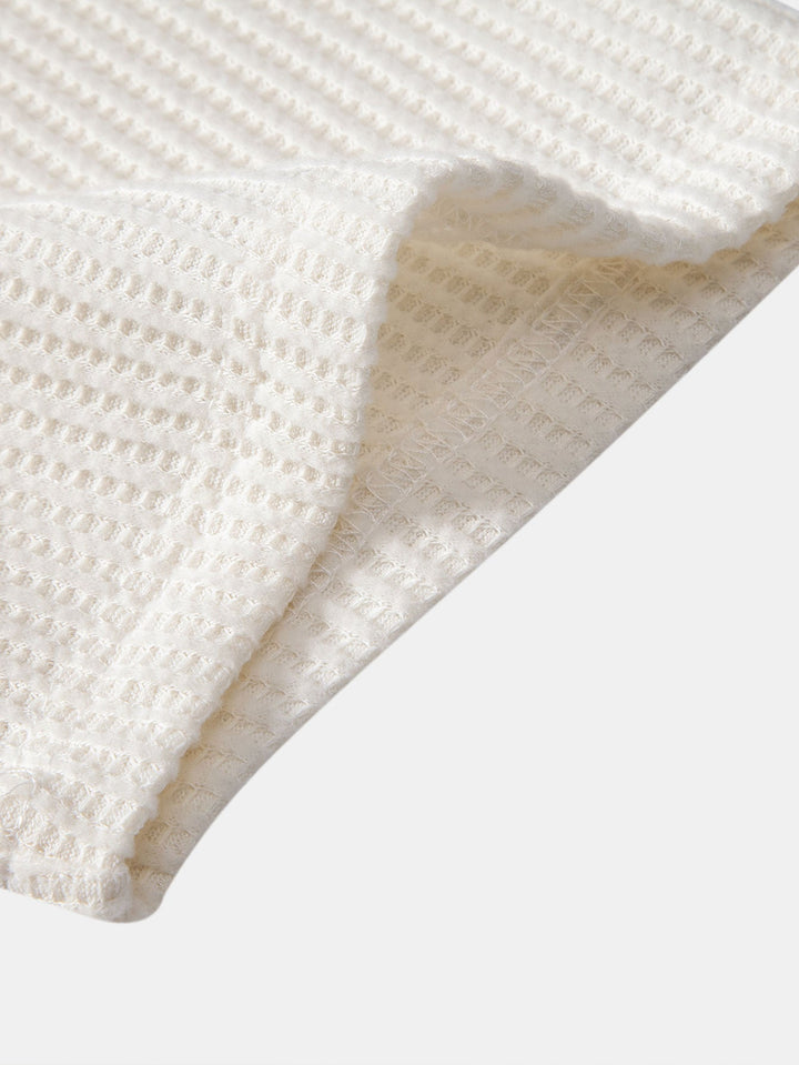 Short Sleeved Waffle V-neck Polo &amp; Drawstring Knitted Waffle Shorts