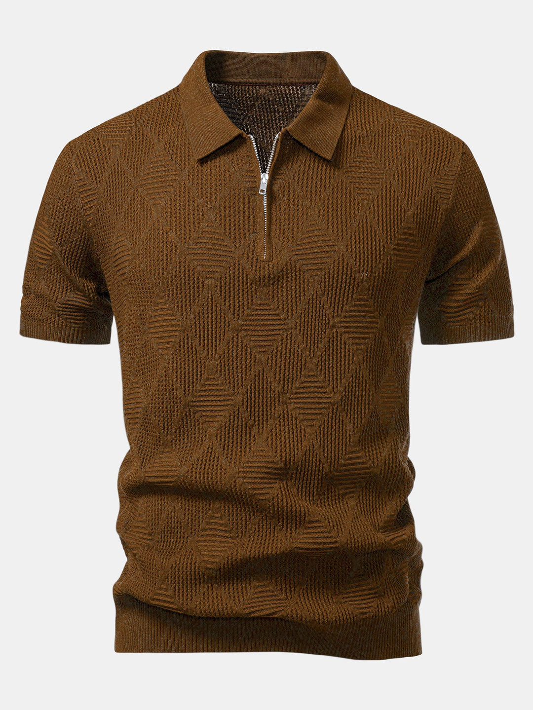 Rhombus Textured Zip Up Knitted Polo Shirt &amp; Slim Fit Tapered Trousers