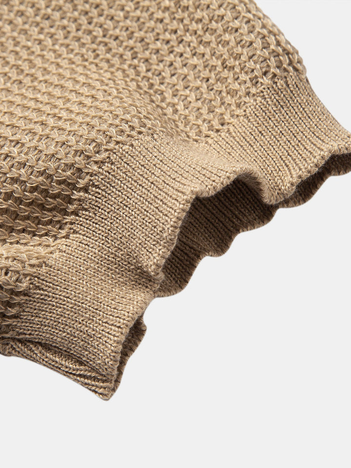 Textured Johnny Collar Crocheted Knit Polo &amp; Crinkle Textured Straight Leg Pants