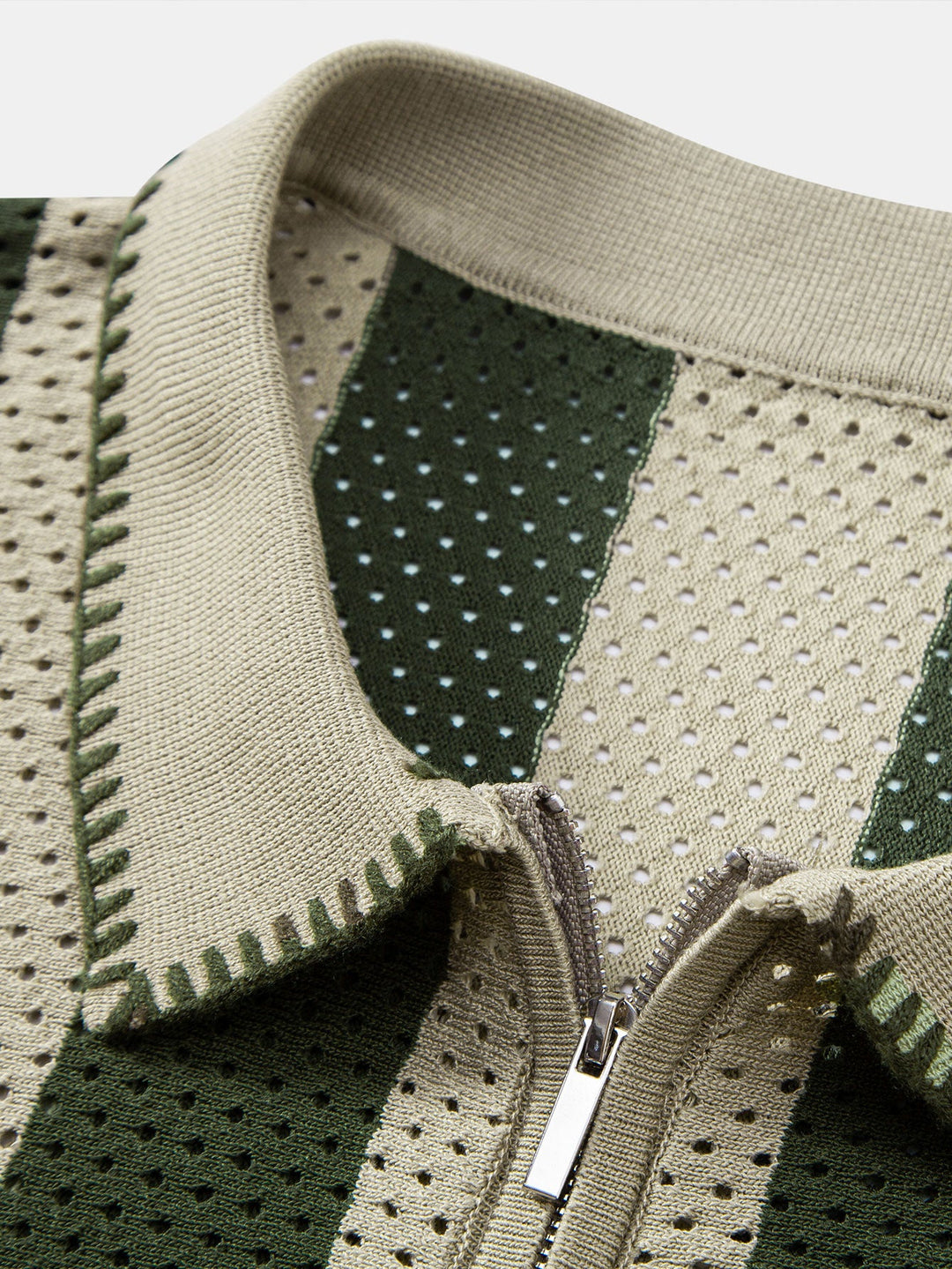 Striped Eyelet Knit Zip Up Polo Shirt &amp; Straight Leg Linen Pants