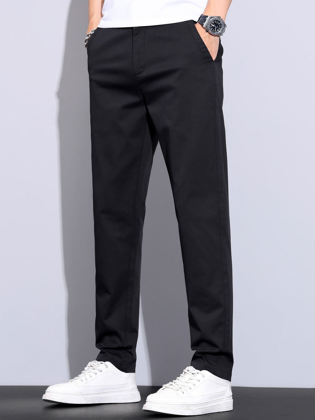 Contrast Textured Johnny Collar Knit Polo &amp; Elastic Waist Straight Leg Trousers