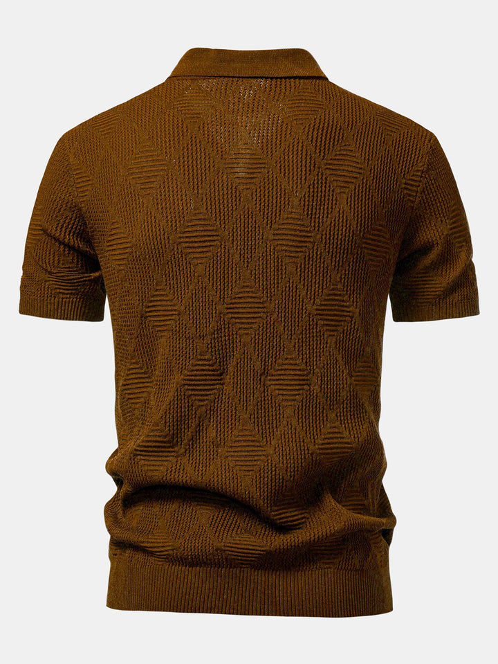 Rhombus Textured Zip Up Knitted Polo Shirt &amp; Slim Fit Tapered Trousers