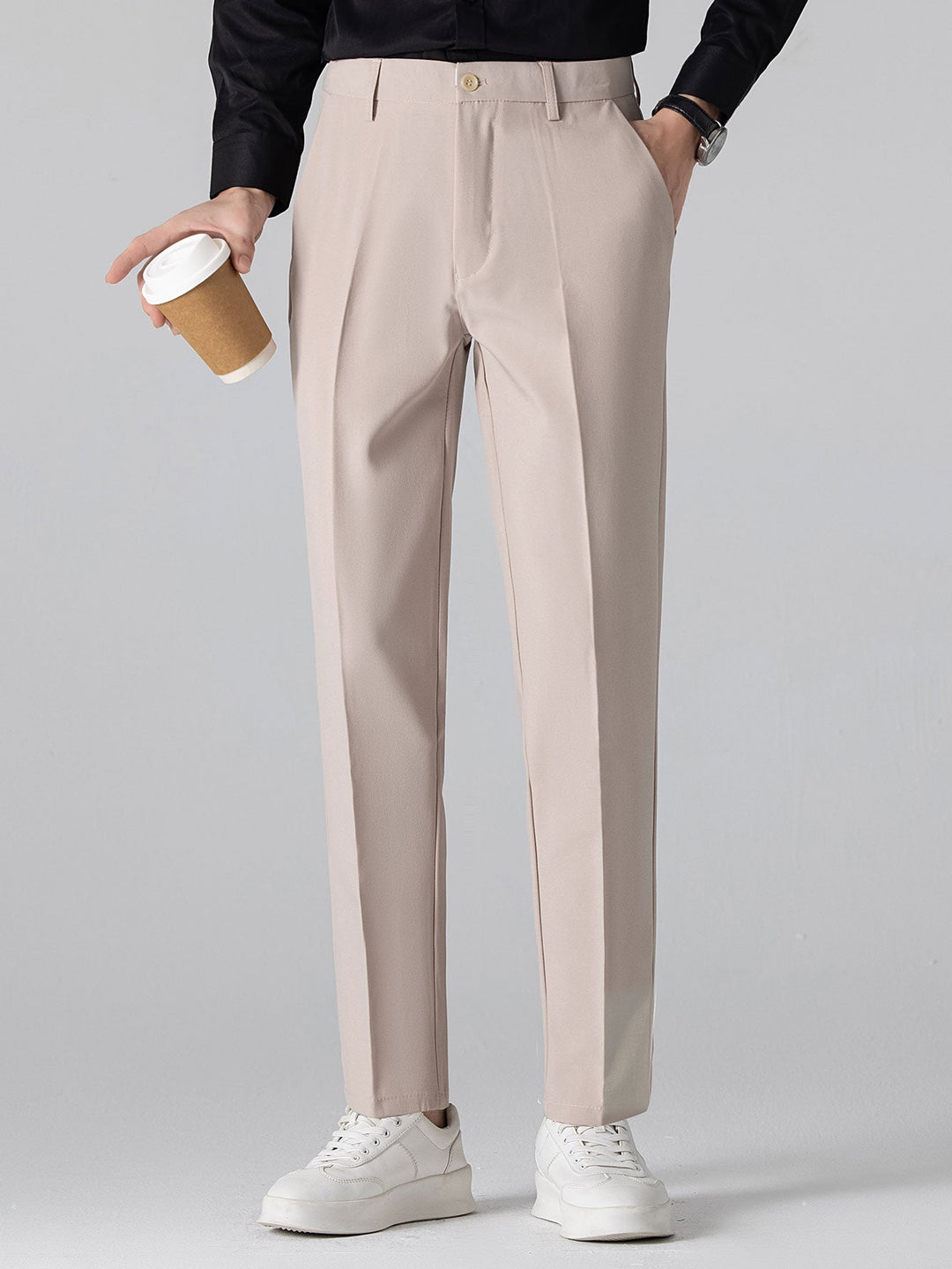 Contrast Trim Textured Zipper Knit Polo &amp; Slim Fit Tapered Trousers