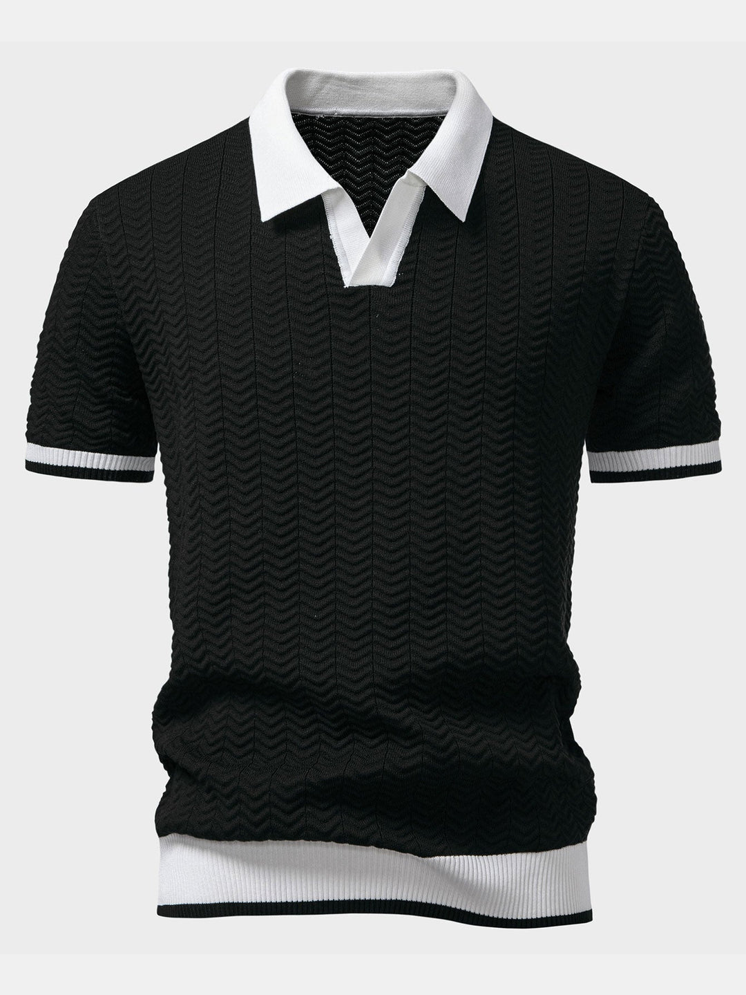 Texture Contrast Knitted V Neck Polo Shirt &amp; Slim Fit Tapered Trousers