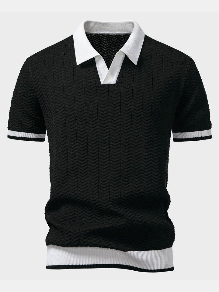 Texture Contrast Knitted V Neck Polo Shirt &amp; Straight Leg Ribbed Pants