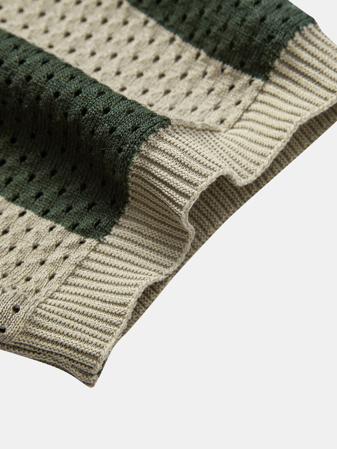 Striped Eyelet Knit Zip Up Polo Shirt &amp; Straight Leg Linen Pants