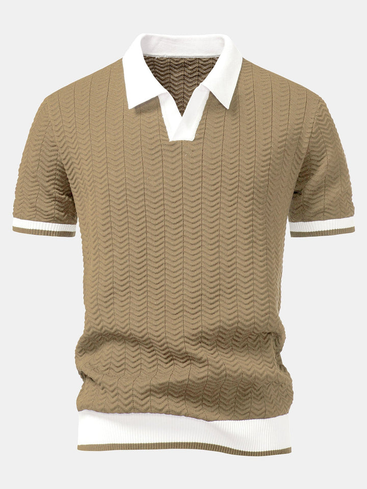 Texture Contrast Knitted V Neck Polo Shirt &amp; Elastic Waist Chino Shorts