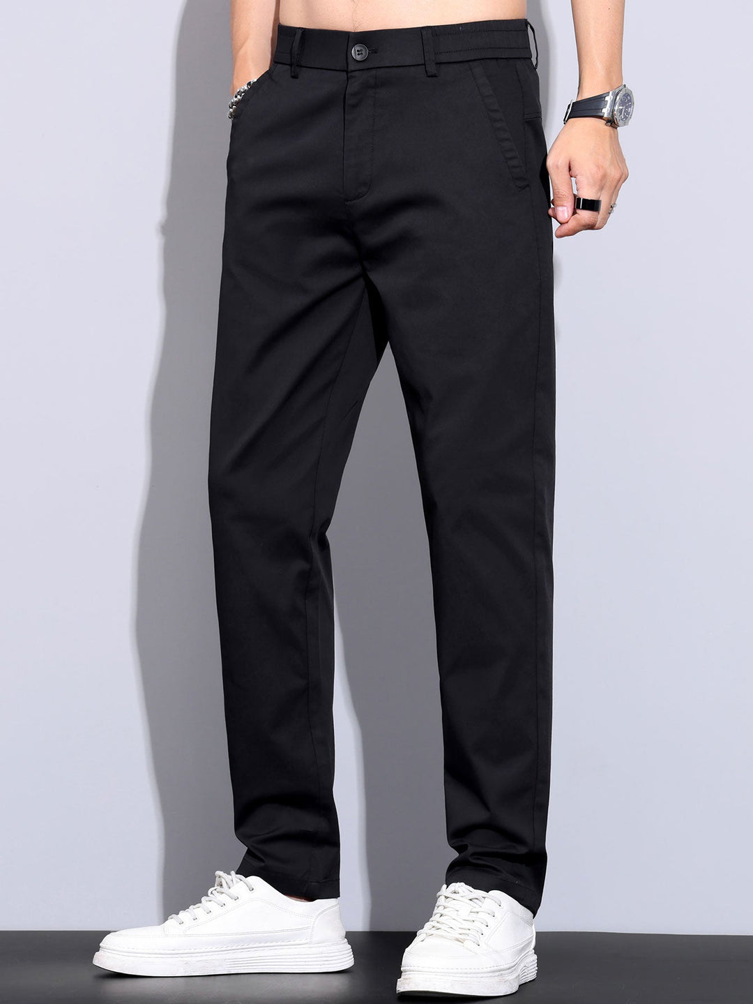 Contrast Textured Johnny Collar Knit Polo &amp; Elastic Waist Straight Leg Trousers