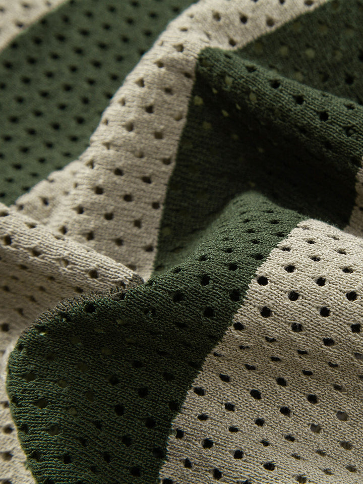 Striped Eyelet Knit Zip Up Polo Shirt &amp; Straight Leg Linen Pants