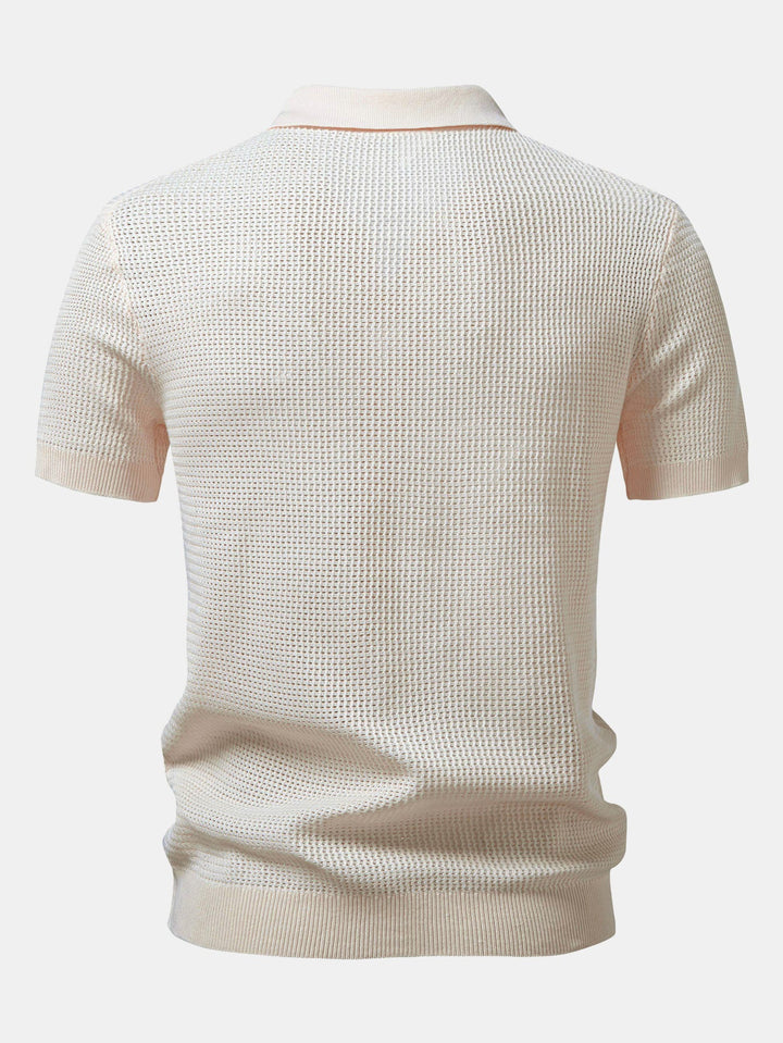 Textured Johnny Collar Crocheted Knit Polo &amp; Straight Leg Linen Pants