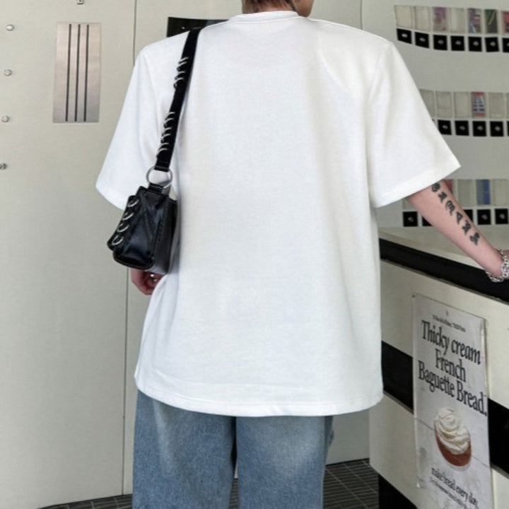 Crew Neck Loose T-shirt with Pleats and Studs