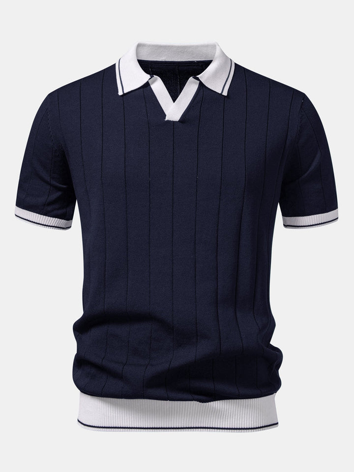 Contrast Trim Ribbed Johnny Collar Knit Polo &amp; Straight Leg Ribbed Pants