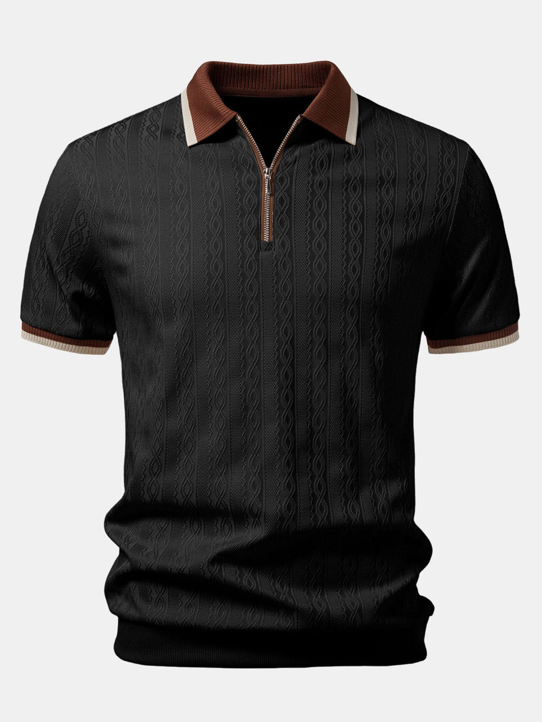 Contrast Trim Textured Zipper Knit Polo &amp; Slim Fit Tapered Trousers