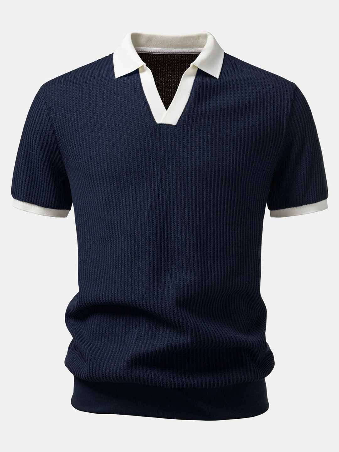 Contrast Knit Waffle Johnny Collar Polo &amp; Drawstring Knitted Waffle Shorts