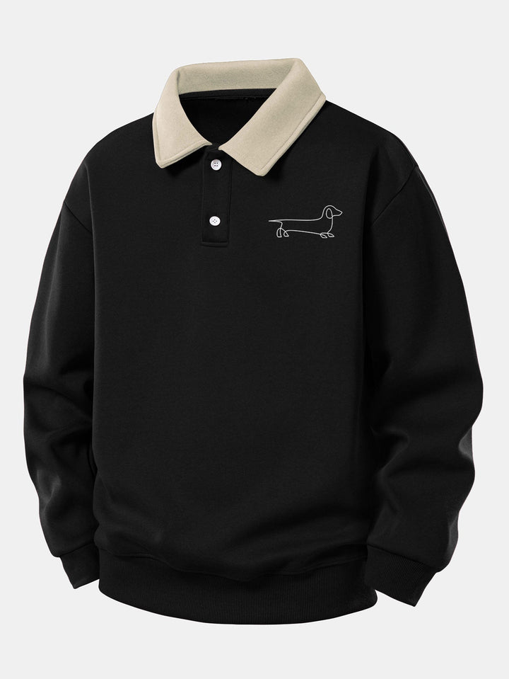 Relax Fit Line Dachshund Print Contrast Polo Sweatshirt &amp; Straight Leg Pleated Pintuck Sweatpants