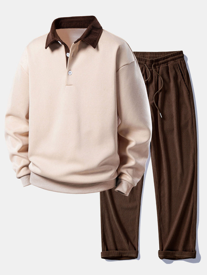 Relax Fit Contrast Corduroy Polo Collar Sweatshirt &amp; Straight Leg Corduroy Pants