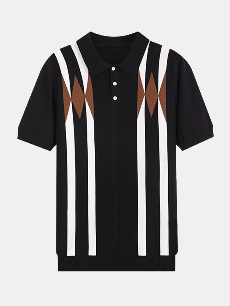 Stripe Geometric Jacquard Knitted Polo Shirt &amp; Cotton Chino Shorts
