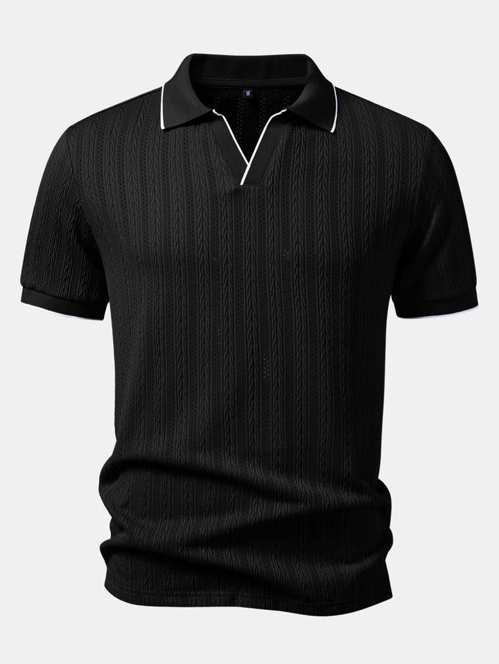 Geometric Jacquard Johnny Collar Polo &amp; Elastic Waist Chino Shorts