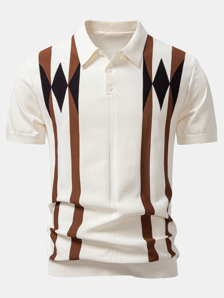 Stripe Geometric Jacquard Knitted Polo Shirt &amp; Slim Fit Tapered Trousers