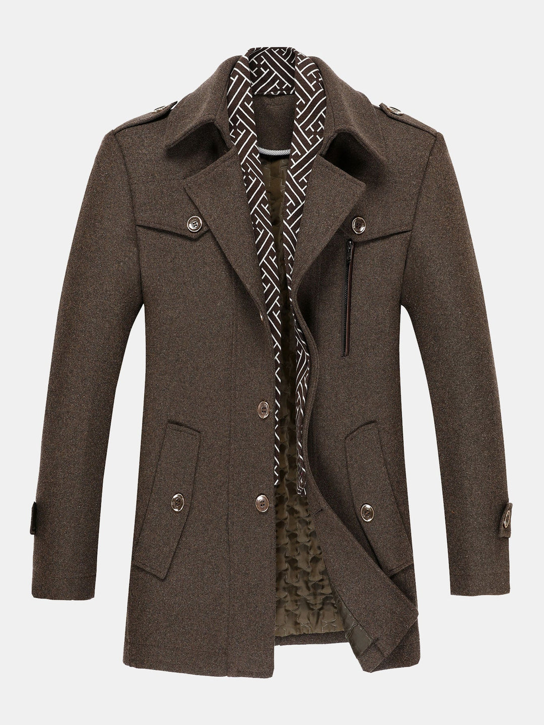 Quilted Lined Double Layer Detachable Scarf Neck Woolen Coat
