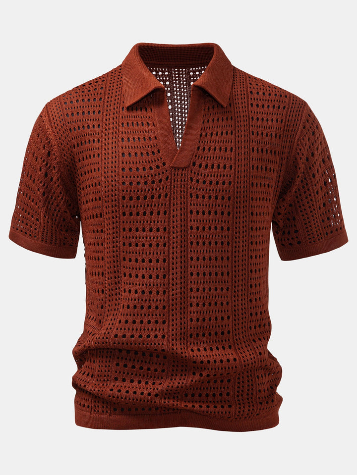 Crochet  V Neck Polo Shirt &amp; Crinkle Textured Straight Leg Pants