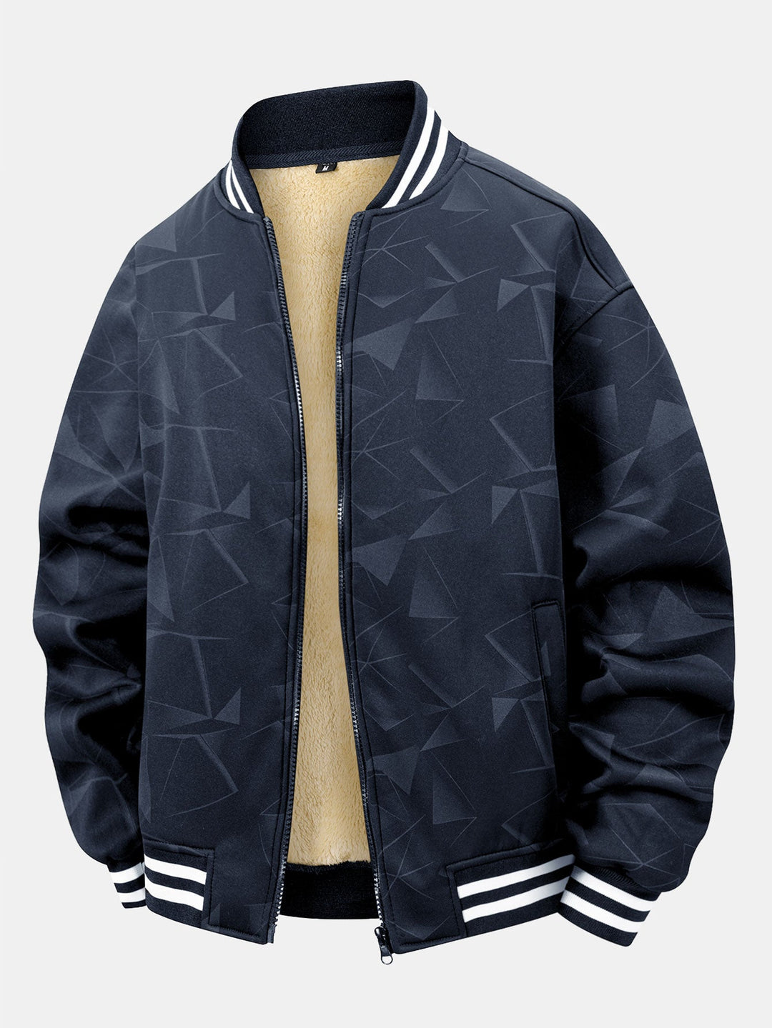 Teddy Lined Geometric Print Baseball Jacket