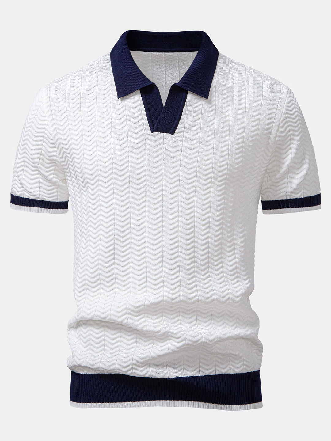 Texture Contrast Knitted V Neck Polo Shirt &amp; Elastic Waist Chino Shorts