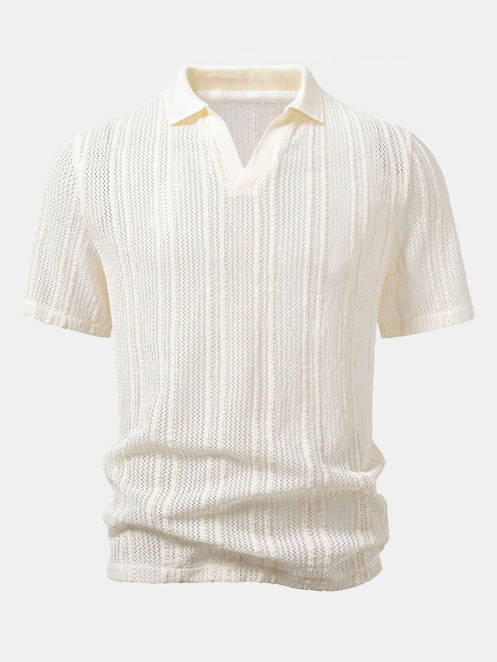 Relax Fit Striped Open Knit Polo &amp; Straight Leg Linen Pants