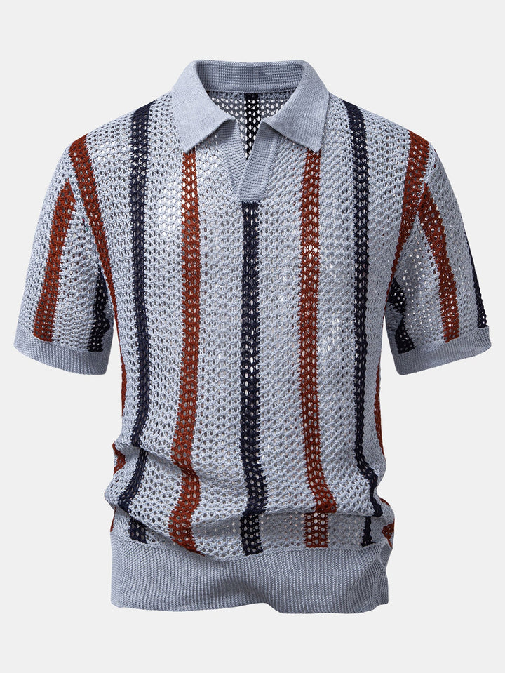 Striped Crochet V Neck Polo &amp; Crinkle Textured Drawstring 5" Shorts