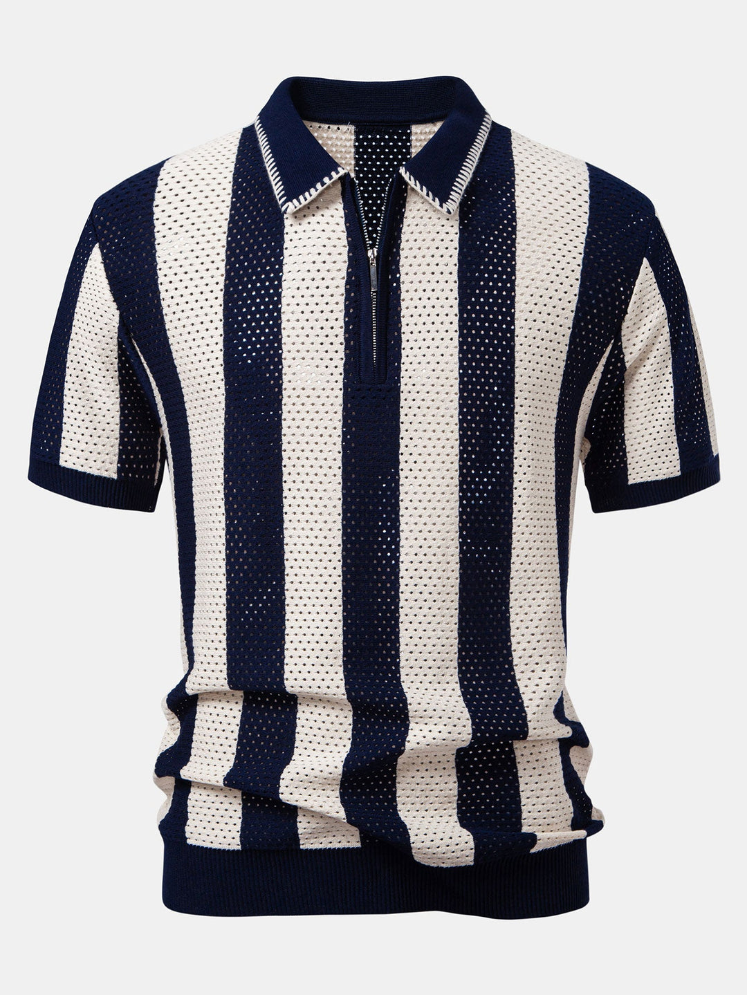 Striped Eyelet Knit Zip Up Polo Shirt &amp; Straight Leg Linen Pants