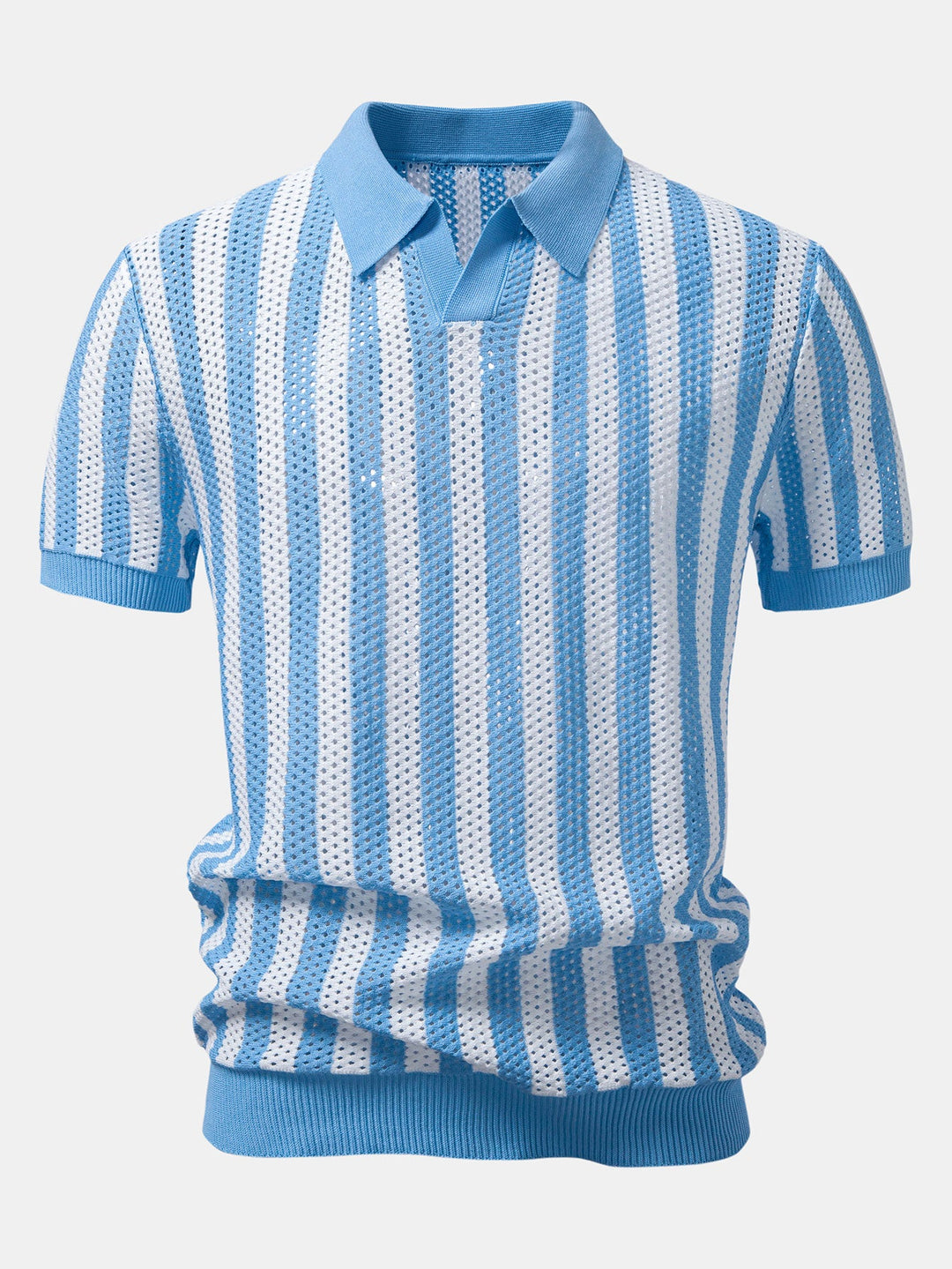 Stripe Johnny Collar Open Knit Polo &amp; Straight Leg Linen Pants