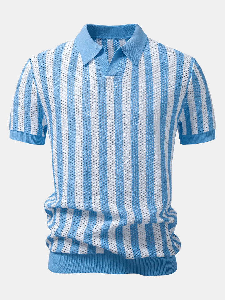 Stripe Johnny Collar Open Knit Polo &amp; Straight Leg Linen Pants